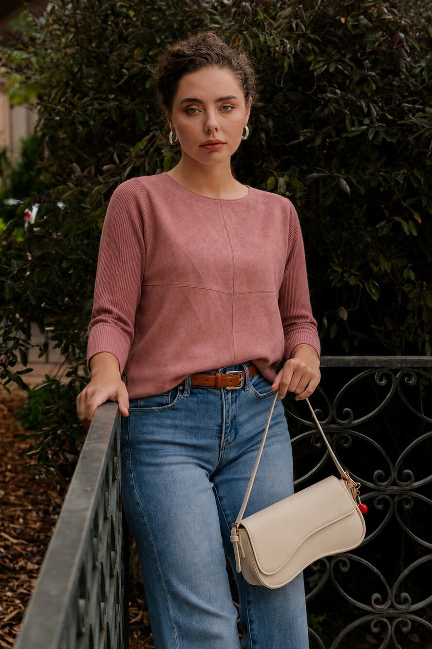 La Vila Milano M Sunset Pink Faux Suede Ribbed Knit Sweater Top NWT Minimalist